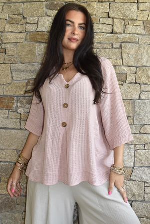 Andi Basket Linen Blend Top Rose